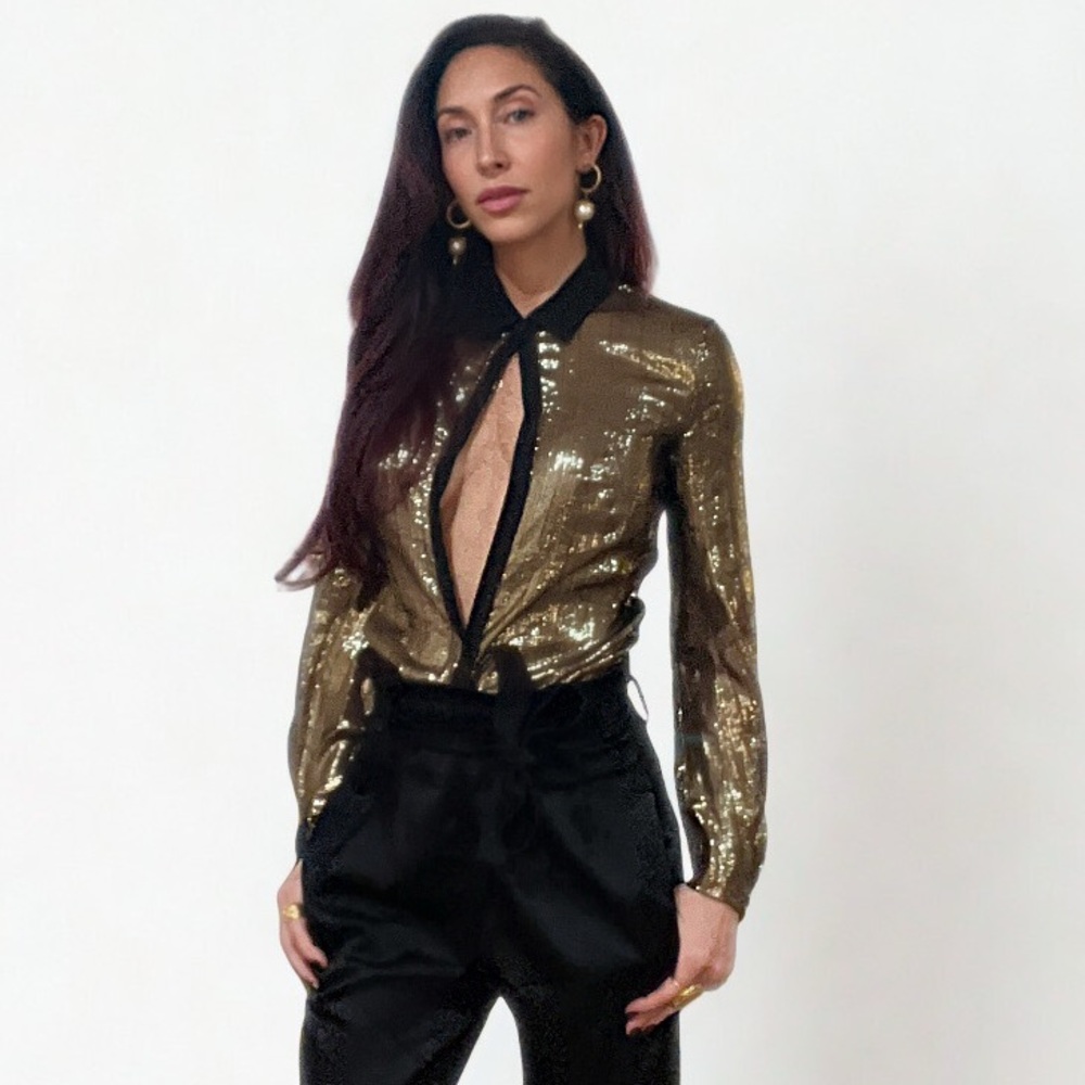Lanvin Black and Gold silk Plunge Blouse ✨ FR38 (US S) NWT